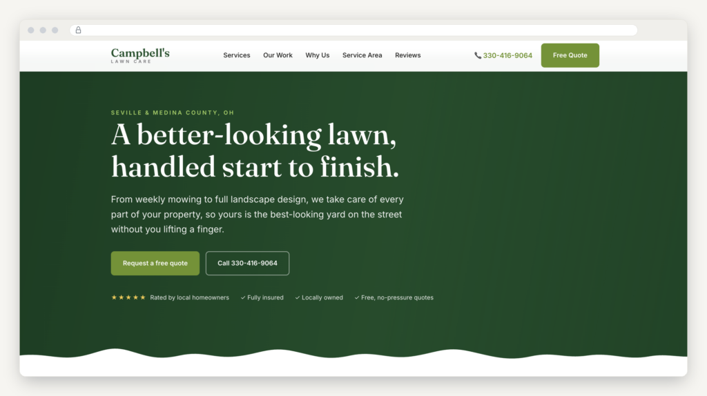 Fast, rank-ready website built by CurbSide Search for Campbell's Lawn Care in Medina County, Ohio