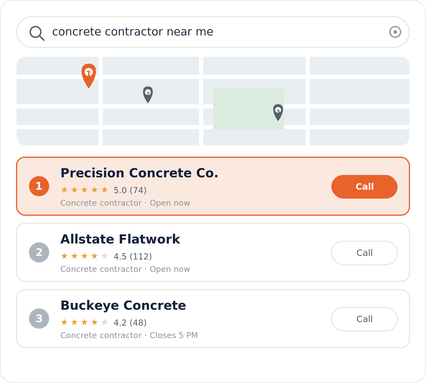 Google map pack for a concrete contractor near me search with the top-ranked company highlighted