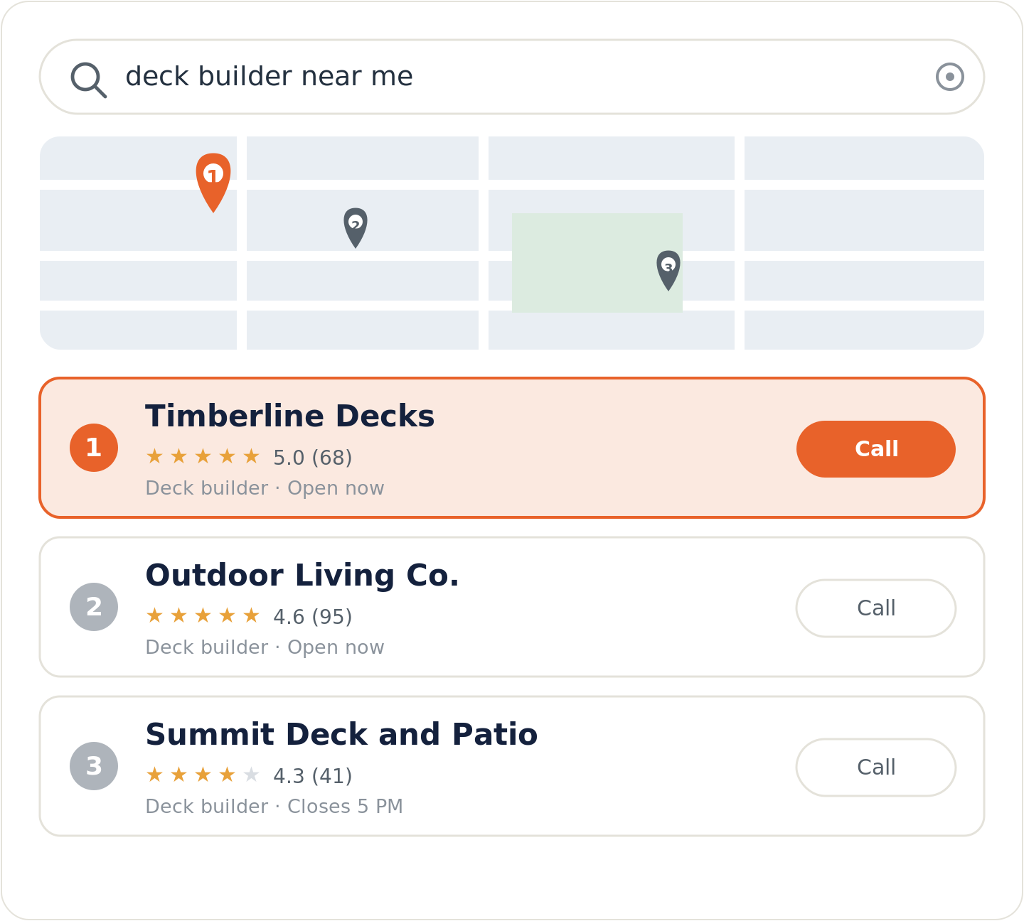 Google map pack for a deck builder near me search with the top-ranked builder highlighted