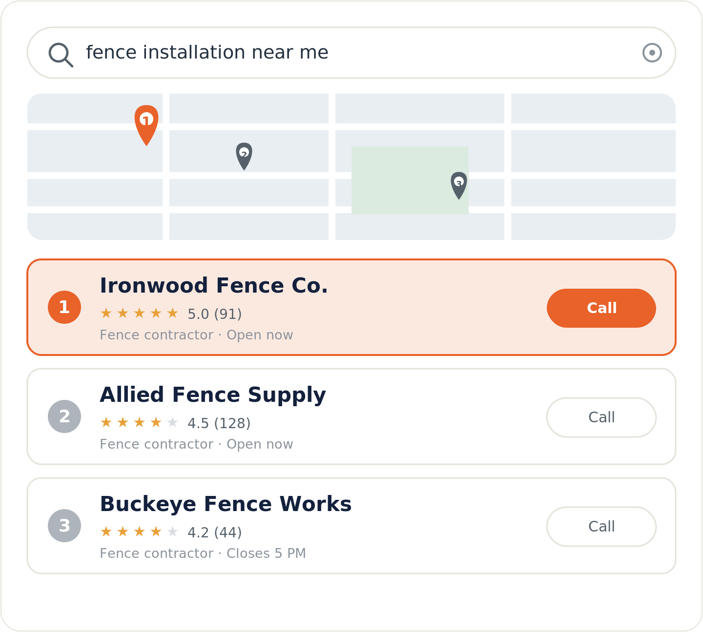 Google map pack for a fence company near me search with the top-ranked fencing company highlighted