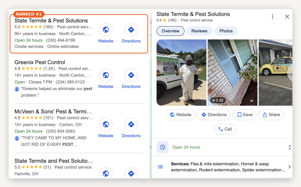 State Termite and Pest Solutions ranked number one in Google's map pack for pest control in North Canton, Ohio