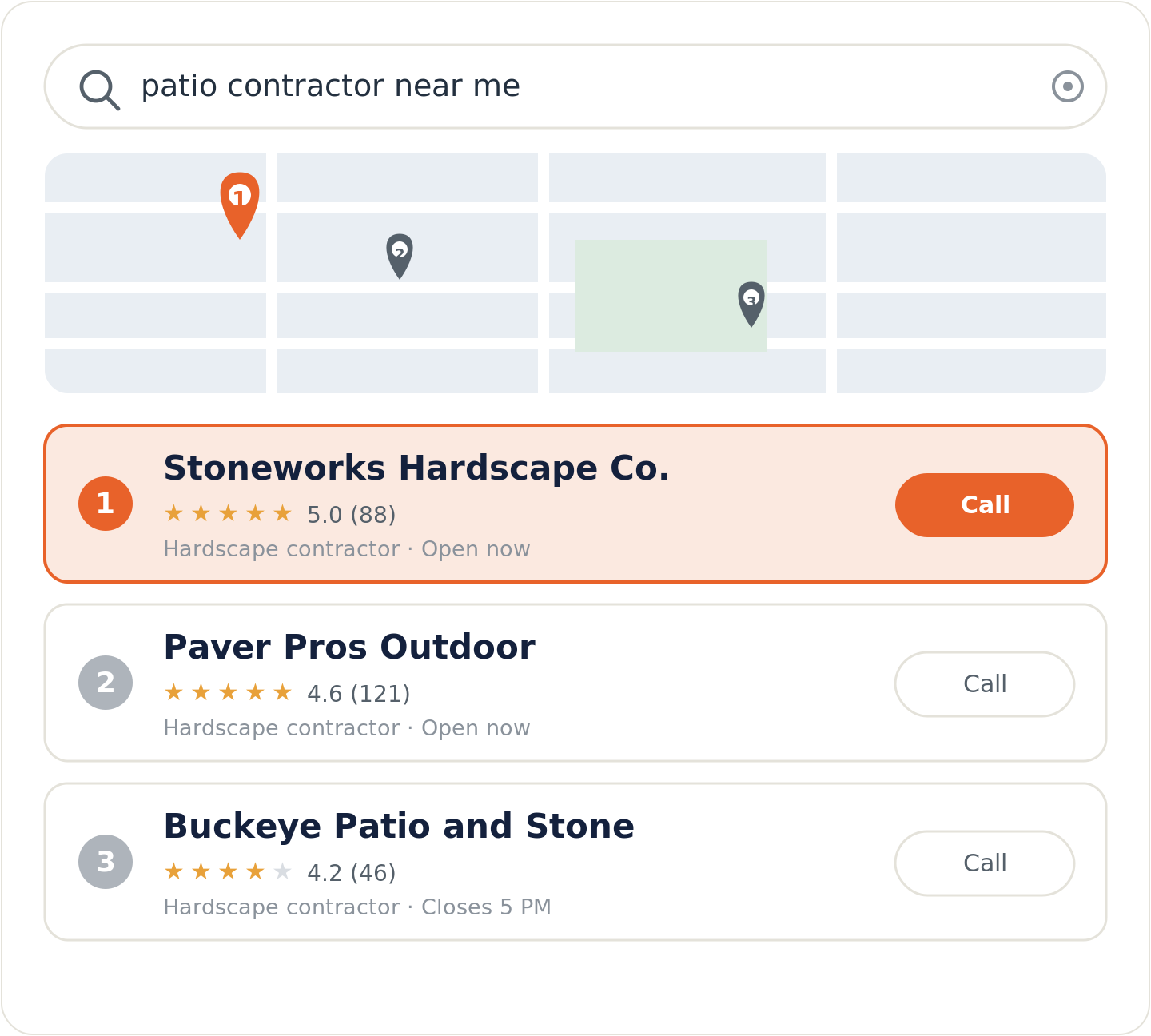 Google map pack for a patio contractor near me search with the top-ranked hardscape company highlighted
