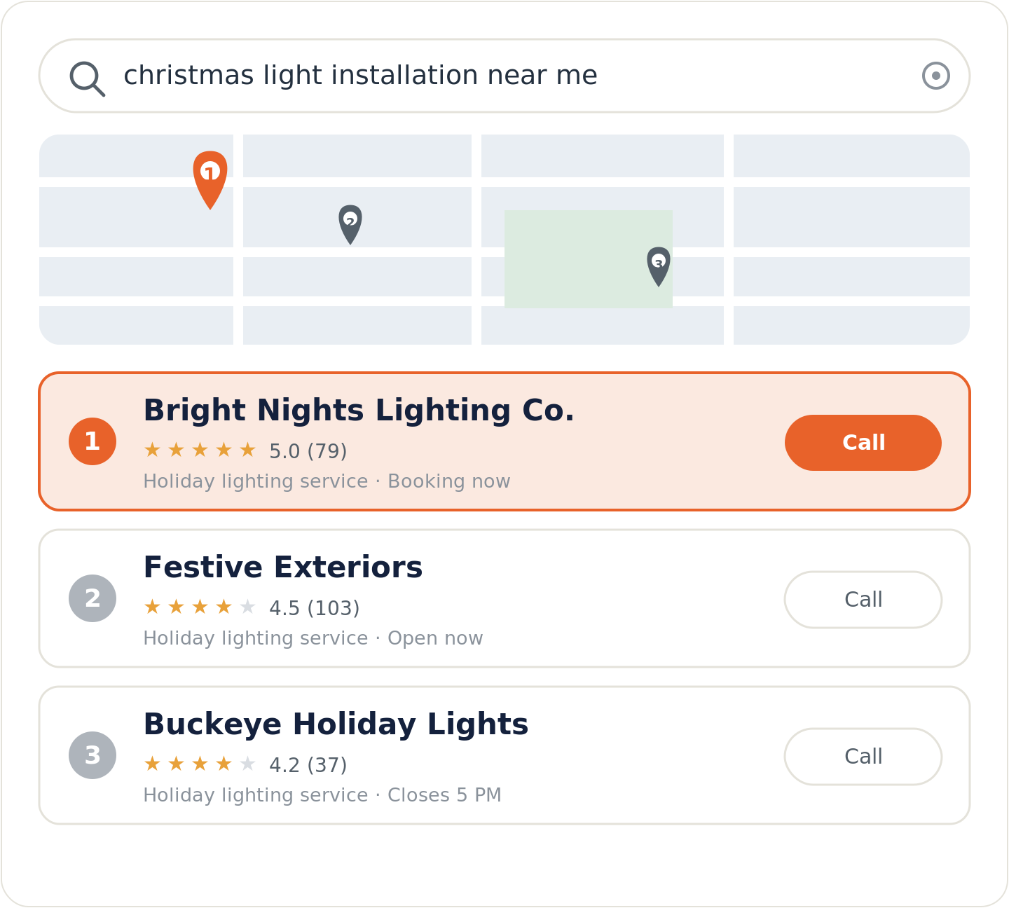 Google map pack for a christmas light installation near me search with the top-ranked company highlighted