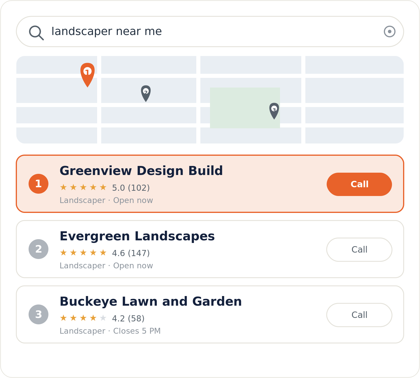 Google map pack for a landscaper near me search with the top-ranked landscaping company highlighted