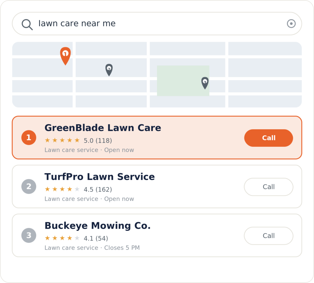 Google map pack for a lawn care near me search with the top-ranked lawn care company highlighted
