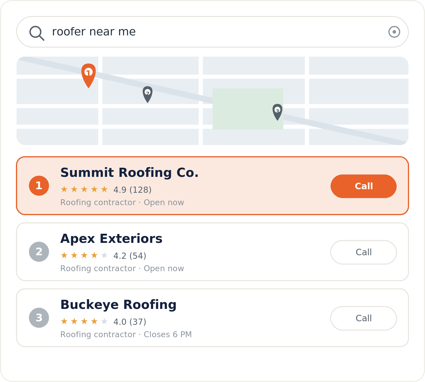 Google map pack showing three local contractors for a near me search, with the top result highlighted