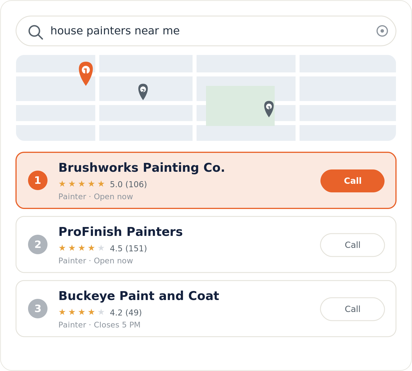 Google map pack for a house painters near me search with the top-ranked painting company highlighted