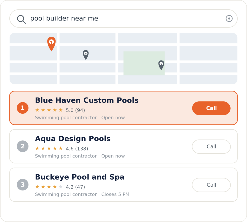 Google map pack for a pool builder near me search with the top-ranked pool builder highlighted