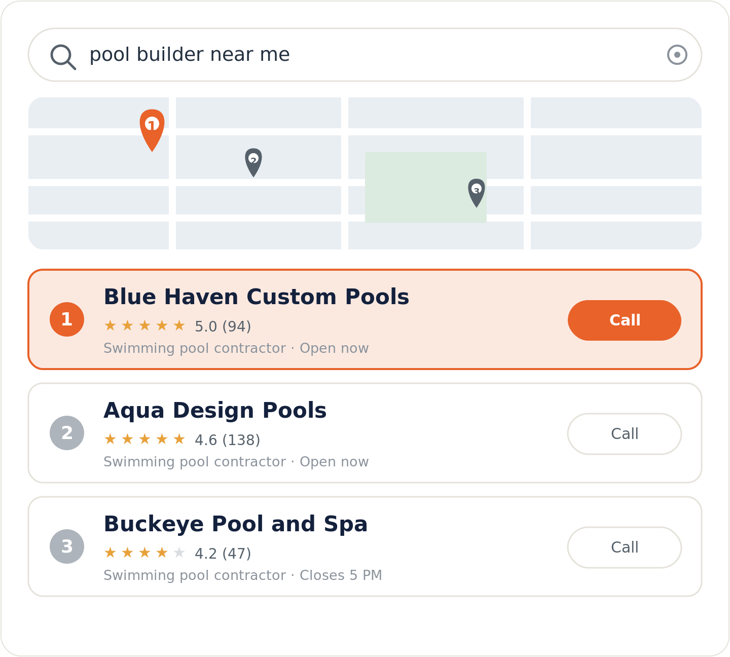 Google map pack for a pool builder near me search with the top-ranked pool builder highlighted