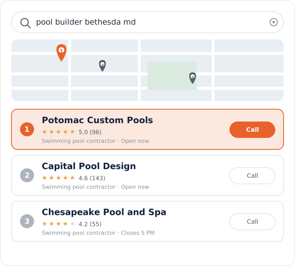 Google map pack for a pool builder Bethesda MD search with the top-ranked DC-area builder highlighted