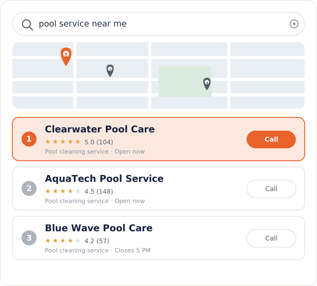 Google map pack for a pool service near me search with the top-ranked pool service company highlighted