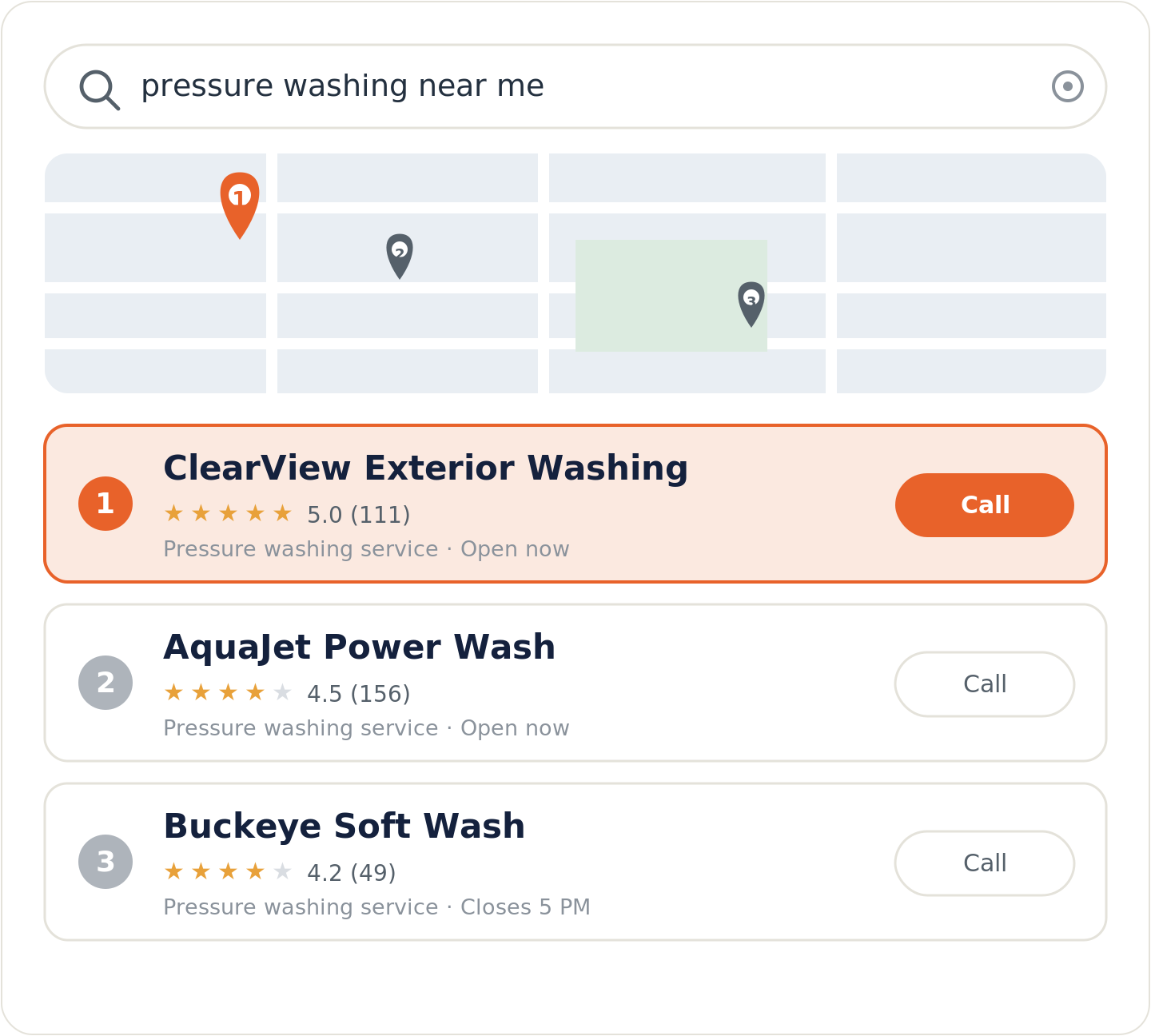 Google map pack for a pressure washing near me search with the top-ranked company highlighted