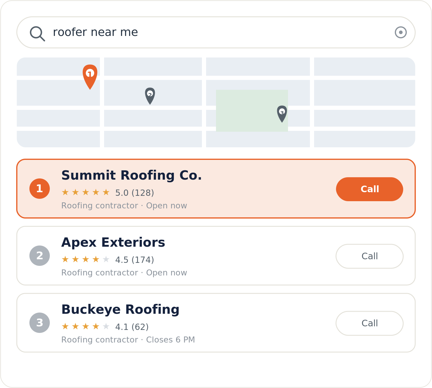Google map pack for a roofer near me search with the top-ranked roofing company highlighted