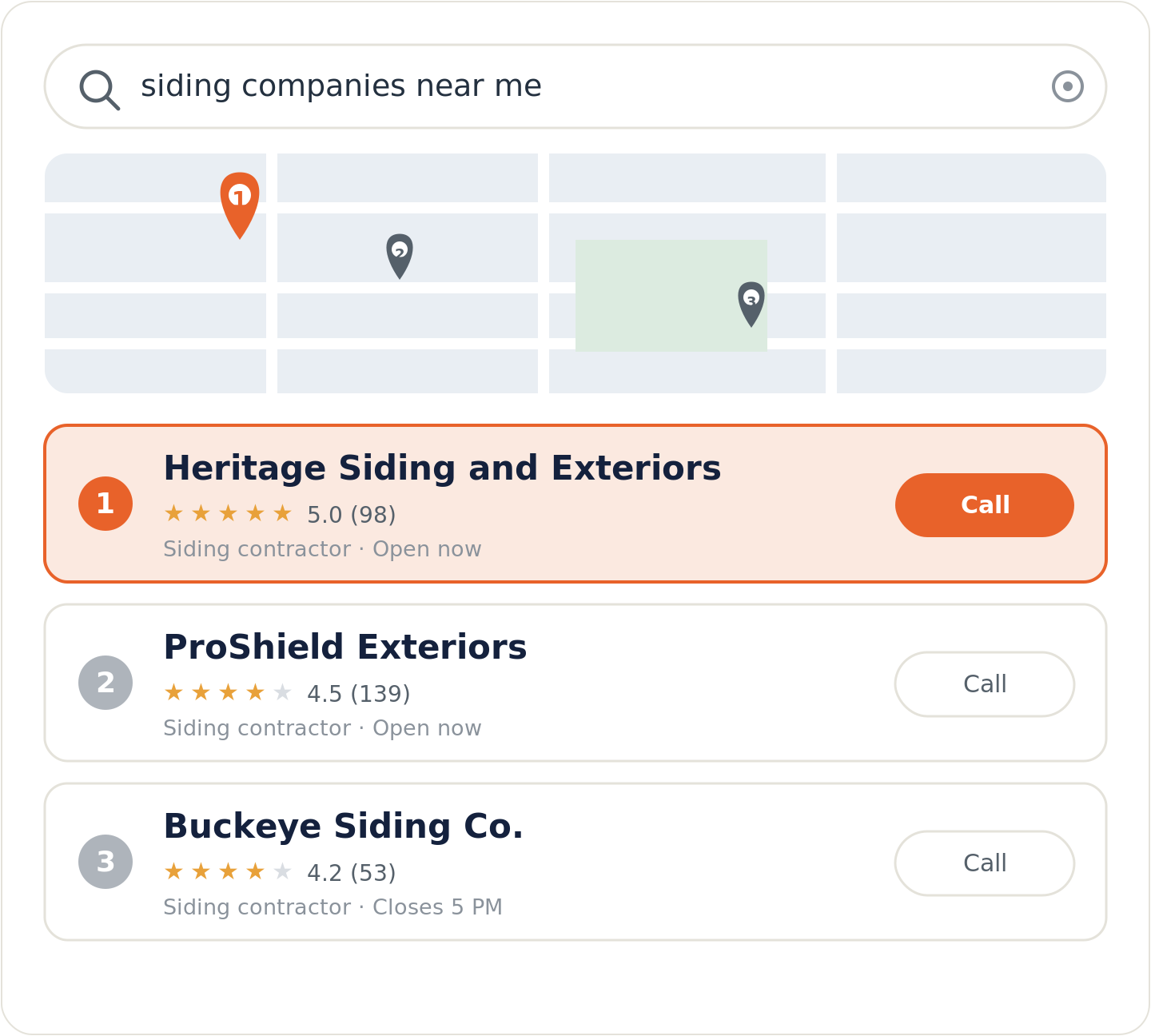 Google map pack for a siding companies near me search with the top-ranked siding contractor highlighted