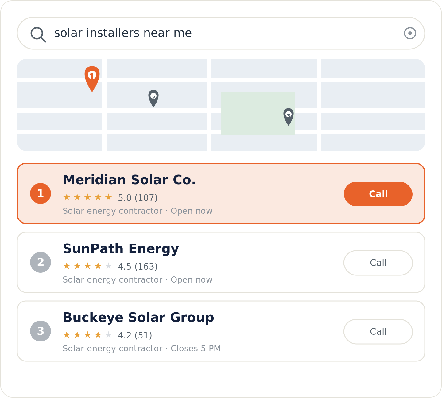 Google map pack for a solar installers near me search with the top-ranked local installer highlighted