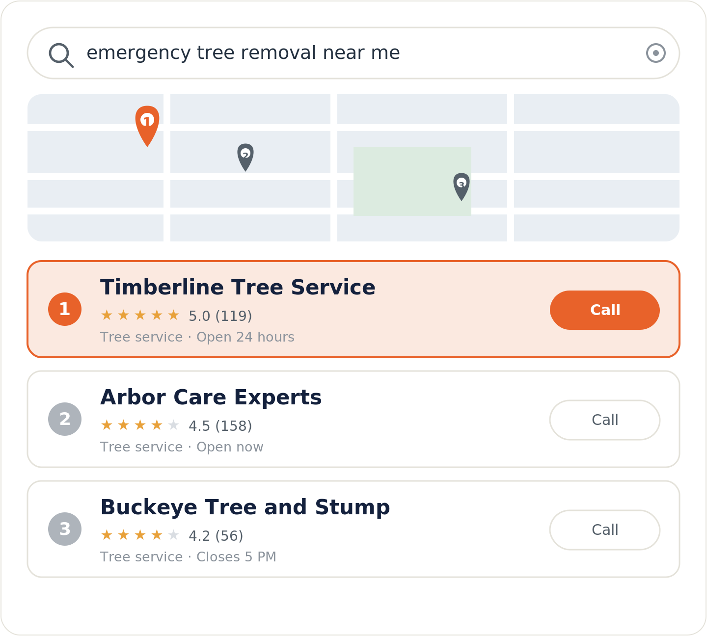 Google map pack for an emergency tree removal near me search with the top-ranked tree service highlighted