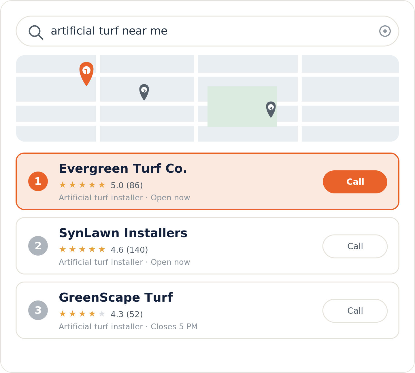 Google map pack for an artificial turf near me search with the top-ranked installer highlighted