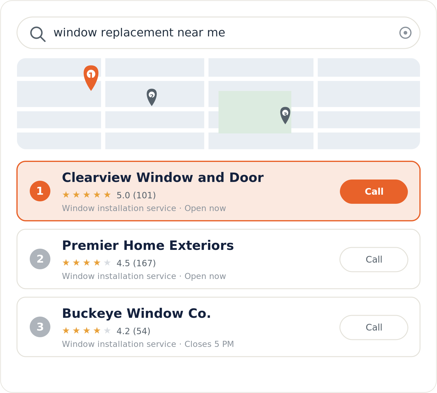 Google map pack for a window replacement near me search with the top-ranked local company highlighted